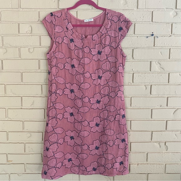 New Collection Italy Linen Pink Beaded Embroidered Pockets Lagenlook Dress M/L - Picture 1 of 8